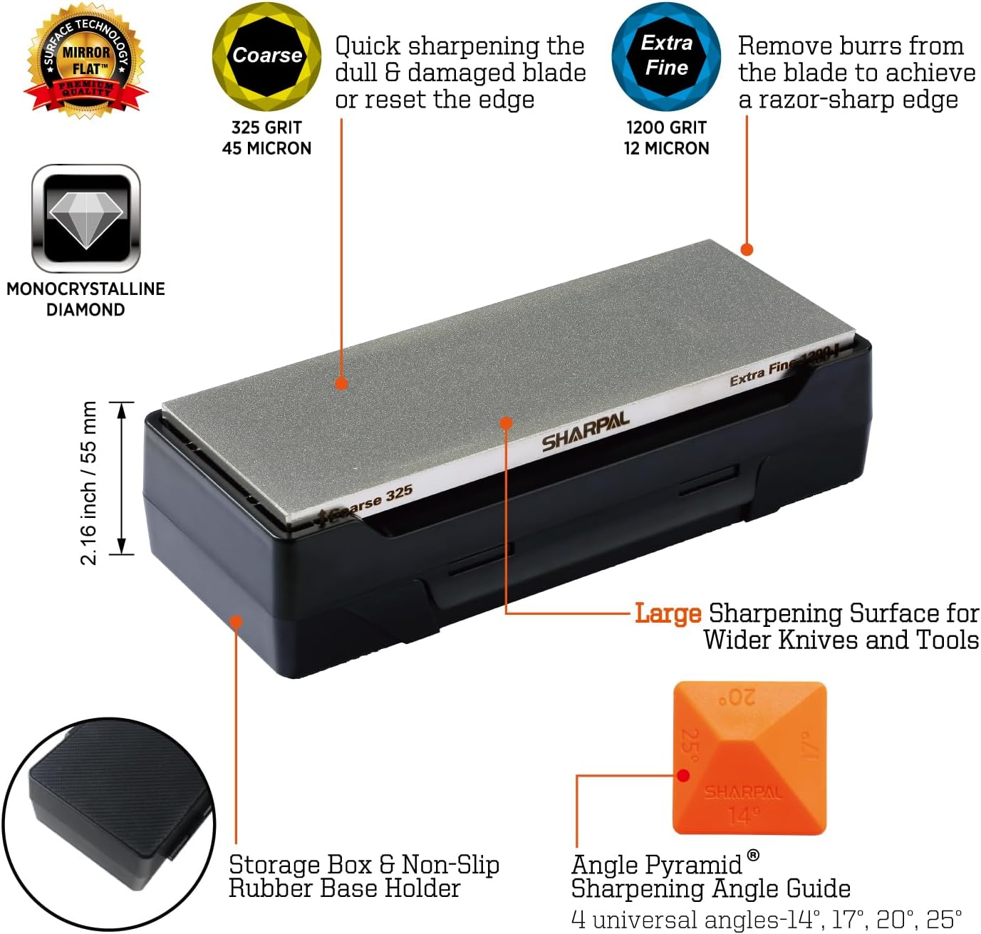 SHARPAL 162N Double-sided Diamond Sharpening Stone Whetstone Knife Sharpener |Coarse 325 / Extra Fine 1200 Grit | Storage Case with NonSlip Base & Angle Guide (8 in. x 3 in.) Fathers Day Gift ['8 in. x 3 in.']